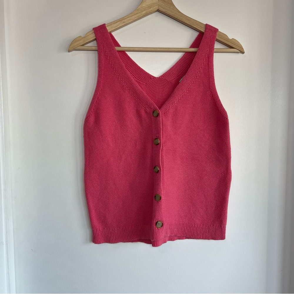 Loft Pink Knit Button Up V Neck Sweater Tank Top, Size Small